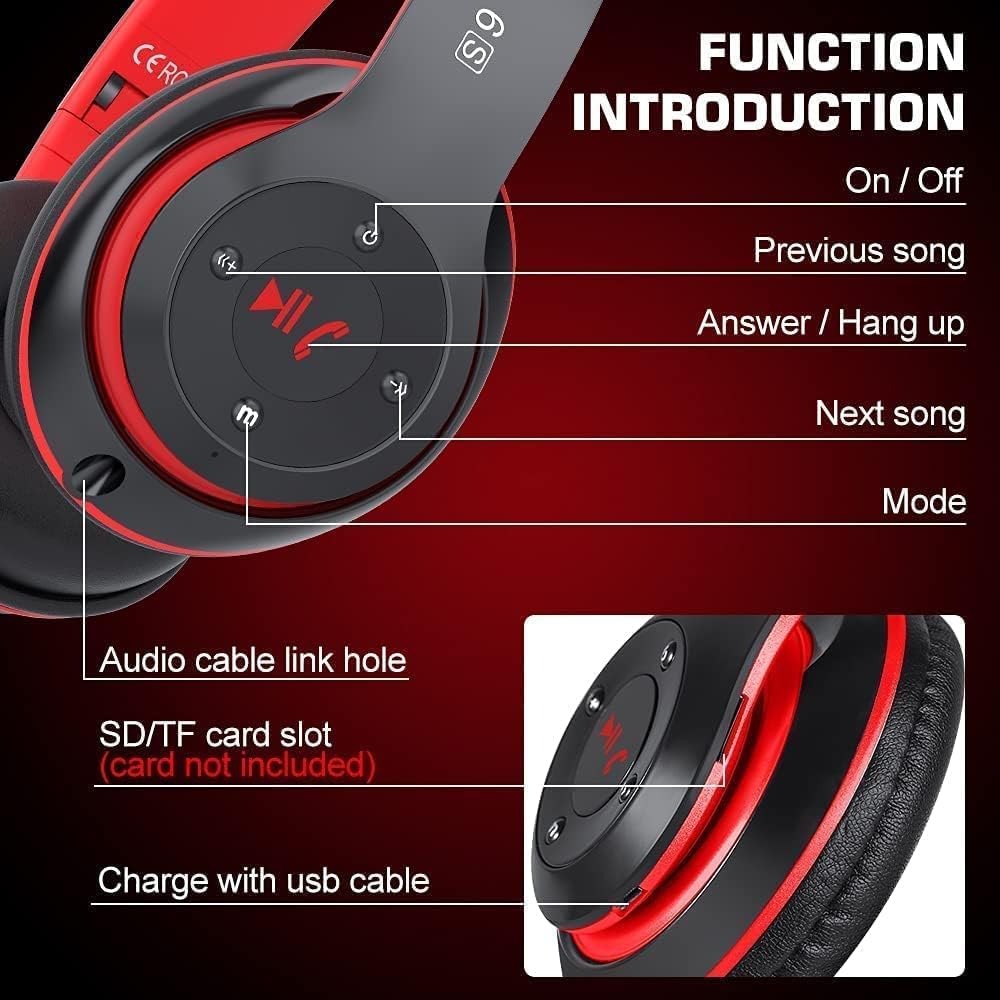 6S Bluetooth Headphones Over-Ear, Hi-Fi Stereo Foldable Wireless Stereo Headsets Earbuds with Built-in Mic, Volume Control, FM for iPhone/Samsung/iPad/PC (Black & Red)