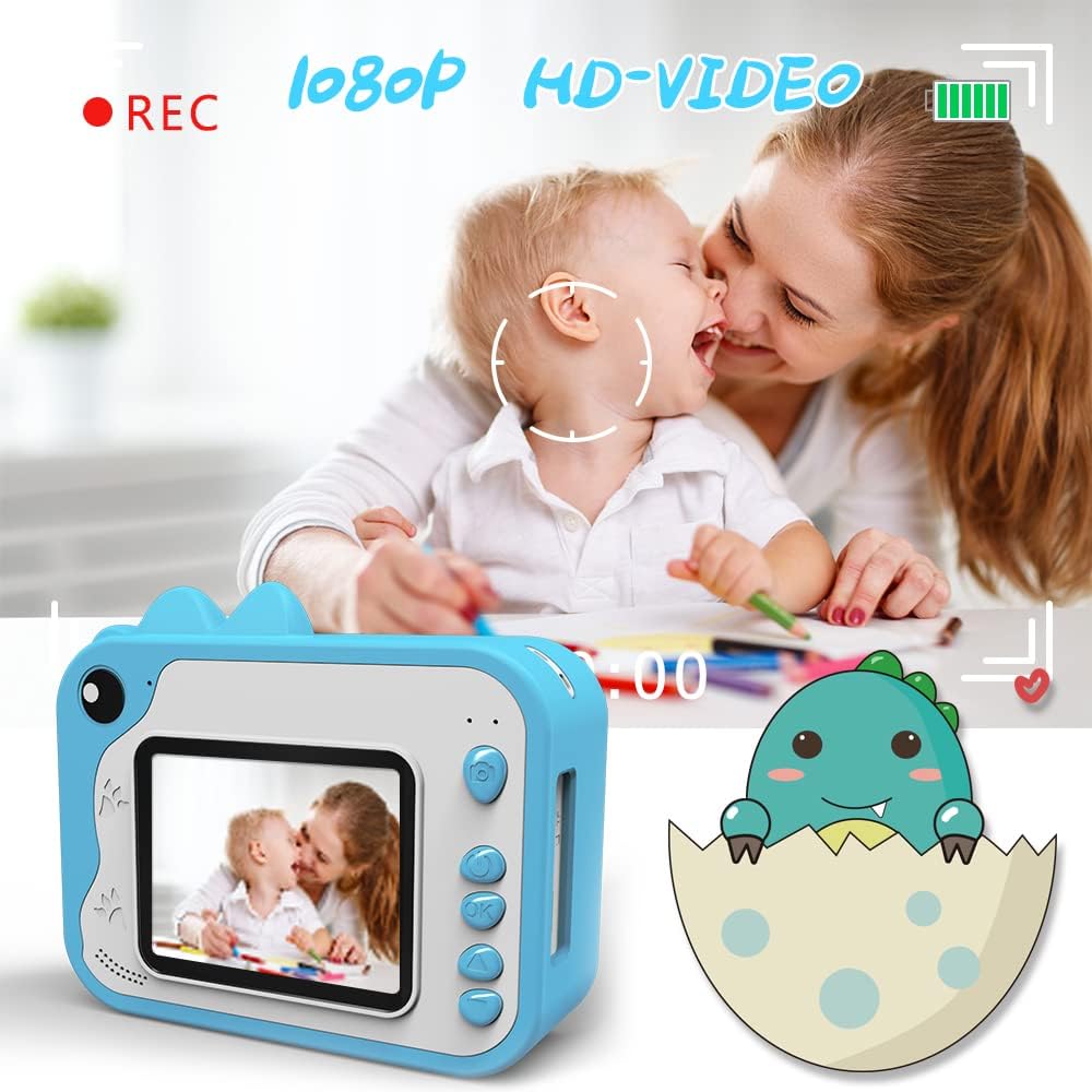 Children's Camera, Digital Camera Instant Camera Print 1080P 2.4 Inch Screen Video Camera Black and White Photo Camera with 32GB Card, 3 Rolls of Printing Paper, 5 Colours, Brush Pen