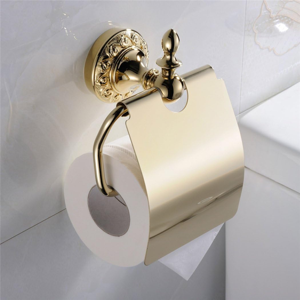 Toilet Roll holder gold By CASEWIND, toilet paper holder wall mounting, wall toilet paper holder with lid brass for drilling