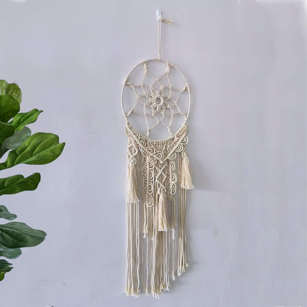 GLITZFAS Tassel Dream Catcher Woven Macrame Wall Hanging Cotton Macrame String Wooden Pole for Living Room Art Decoration (B)