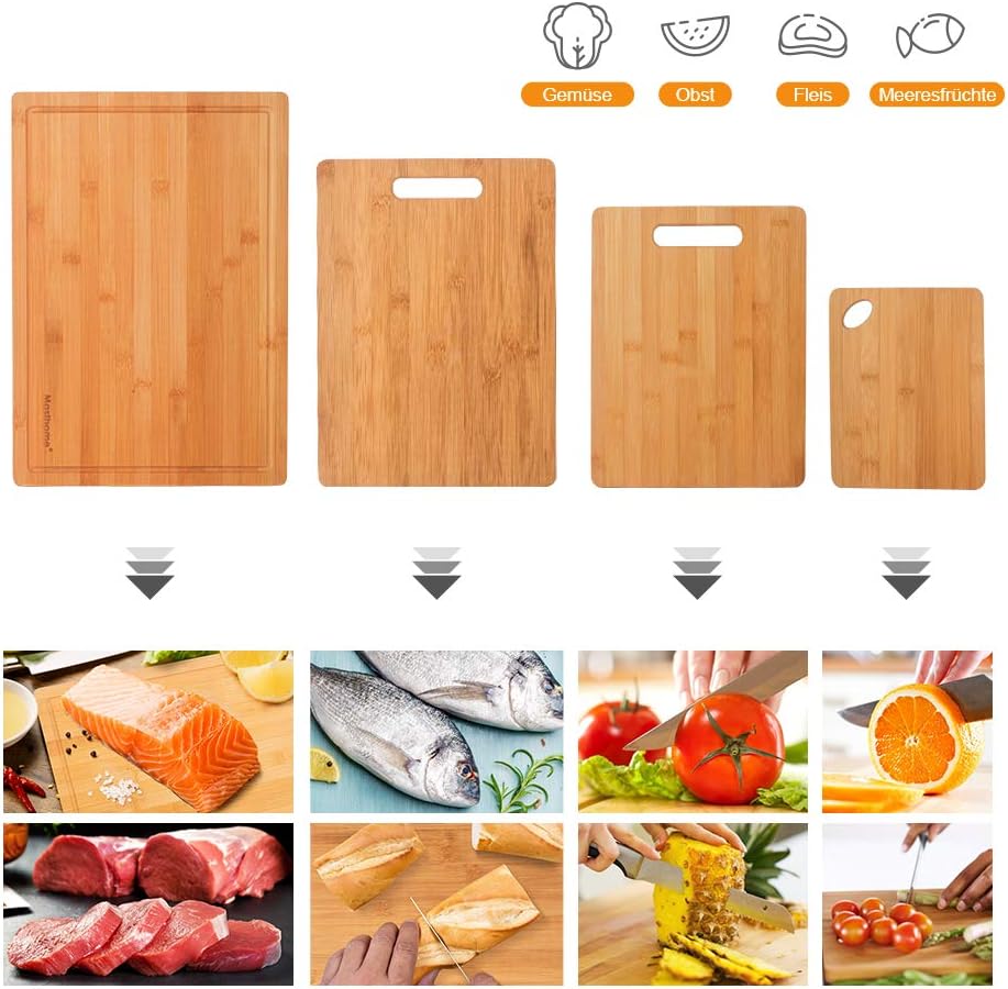 Masthome Set of 4 Bamboo Cutting Boards, Kitchen Cutting Boards with Juice Groove and Handles, Wooden Cutting Board, for Preparing Meat, Vegetables, Fruit and Bread