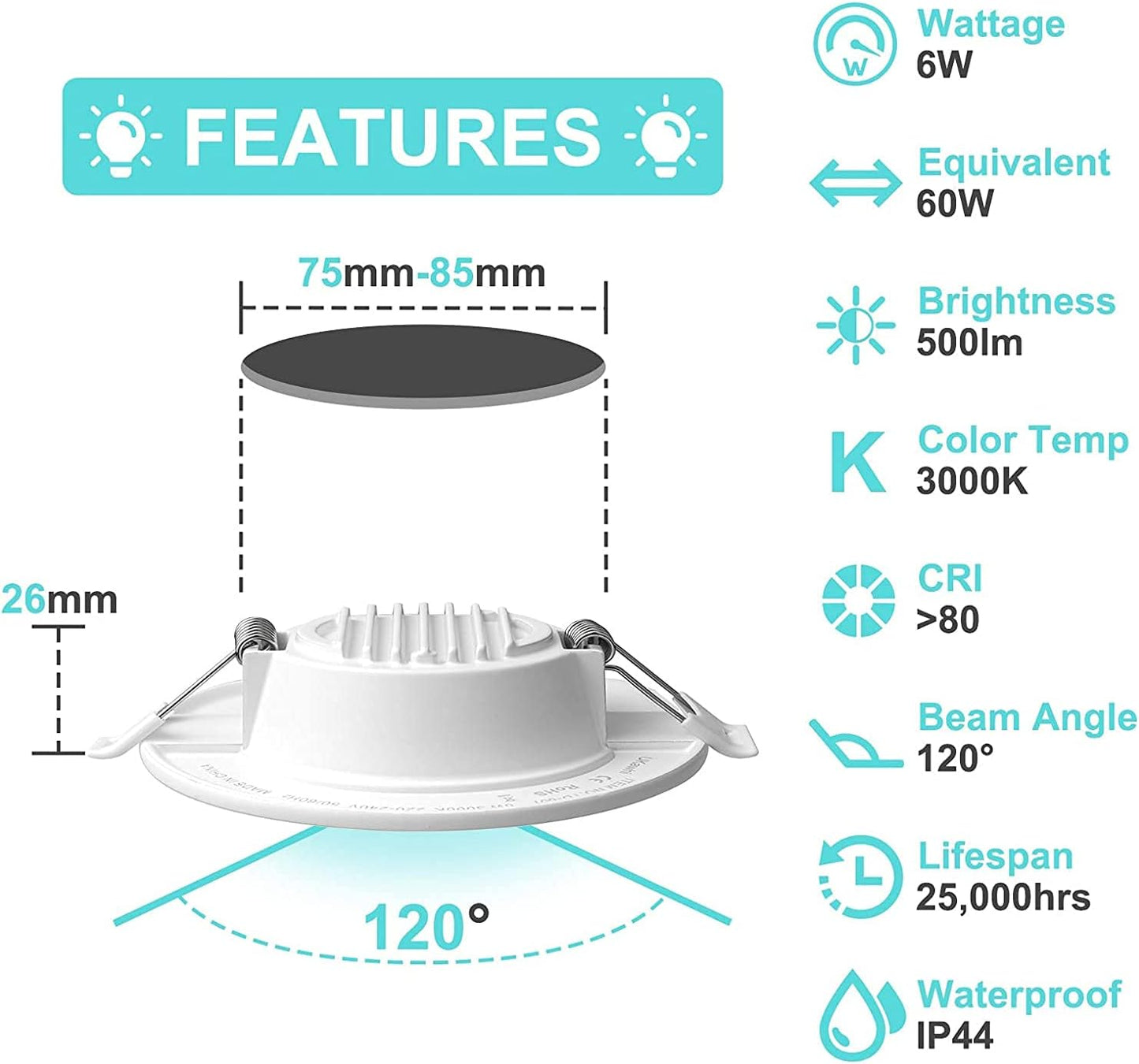 LED Spotlight Recessed Ultra Flat 6 W 230 V LED Spots IP44 Warm White Set of 6 Recessed Lights LED Installation Depth 26 mm Mini Slim Ceiling Spots for Bathroom Living Room [Energy Class F]