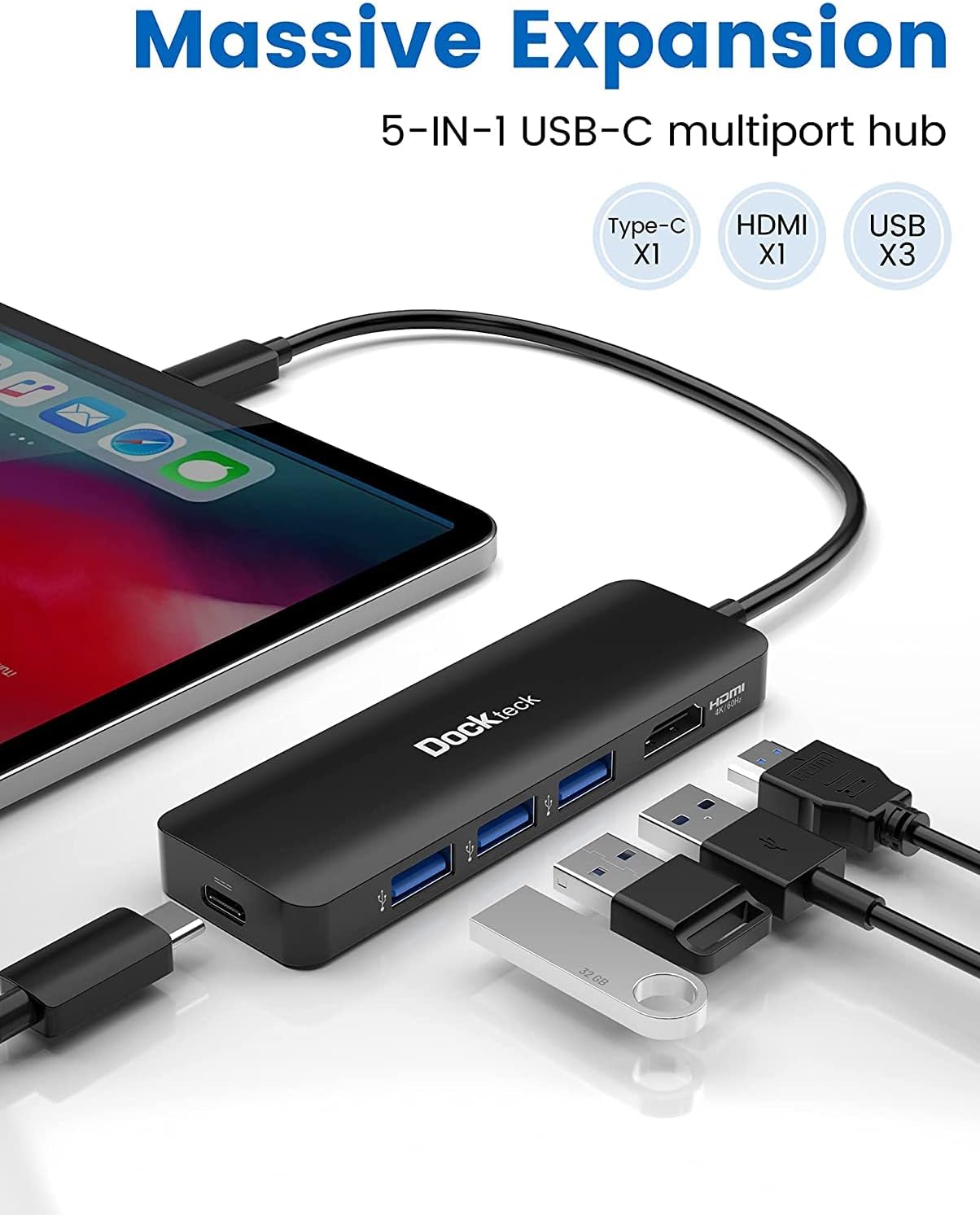 USB C Hub for MacBook Air M2, Dockteck 5 in 1 Dock USB C HDMI Adapter 4K 60Hz, 3 USB 3.0, 100W PD for MacBook Pro/Air M1/M2, iPad Pro, Steam Deck