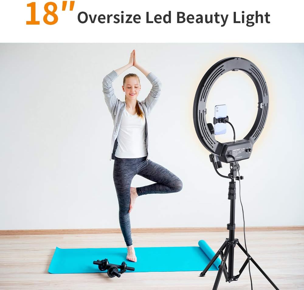 18-inch LED Ring Light By K&F Concept with 3 Cold Shoe Interfaces for Phones, Microphones and Power Bank, 2.37M Tripod Stand, Bi-color 3200-6500K Dimmable with Bluetooth Receiver for TikTok YouTube Video