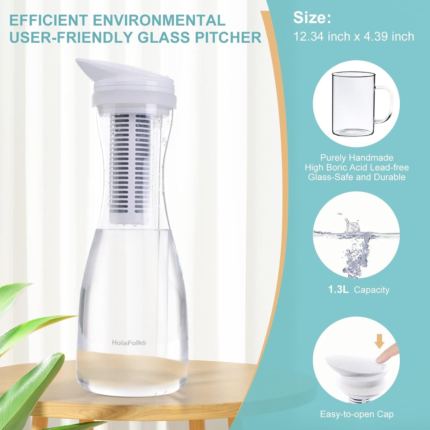 HolaFolks Water Filer Pitcher Glass Purifier Filtration System 1.4L with Filter