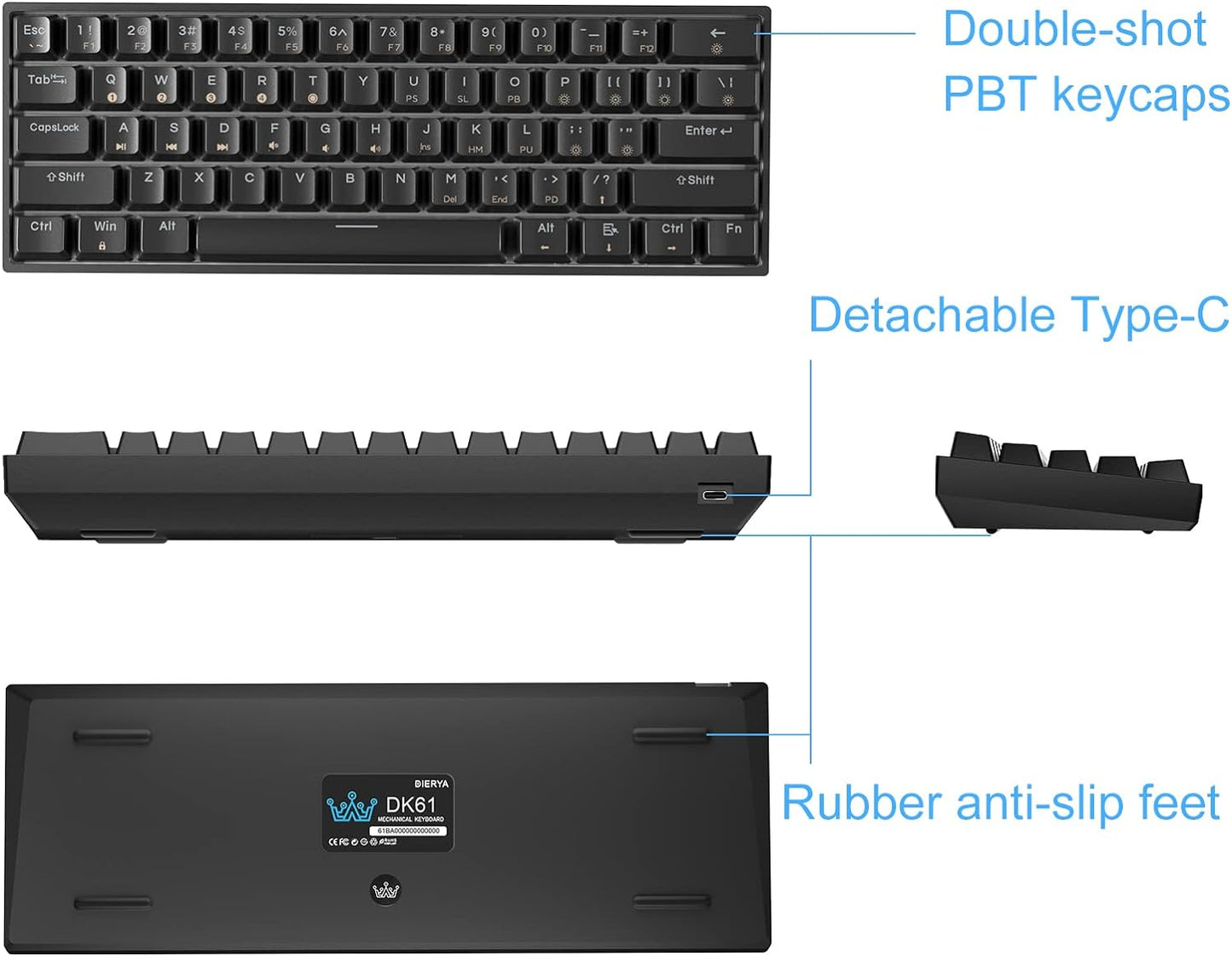 DIERYA DK61E 60% Mechanical Gaming Keyboard, 61 Keys RGB Backlit Wired polybutylene terephthalate (PBT) Keyboard Cap Waterproof Hot-Swap Capable Compact Computer Keyboard with Programmable Full Keys (Optical Brown Switch)