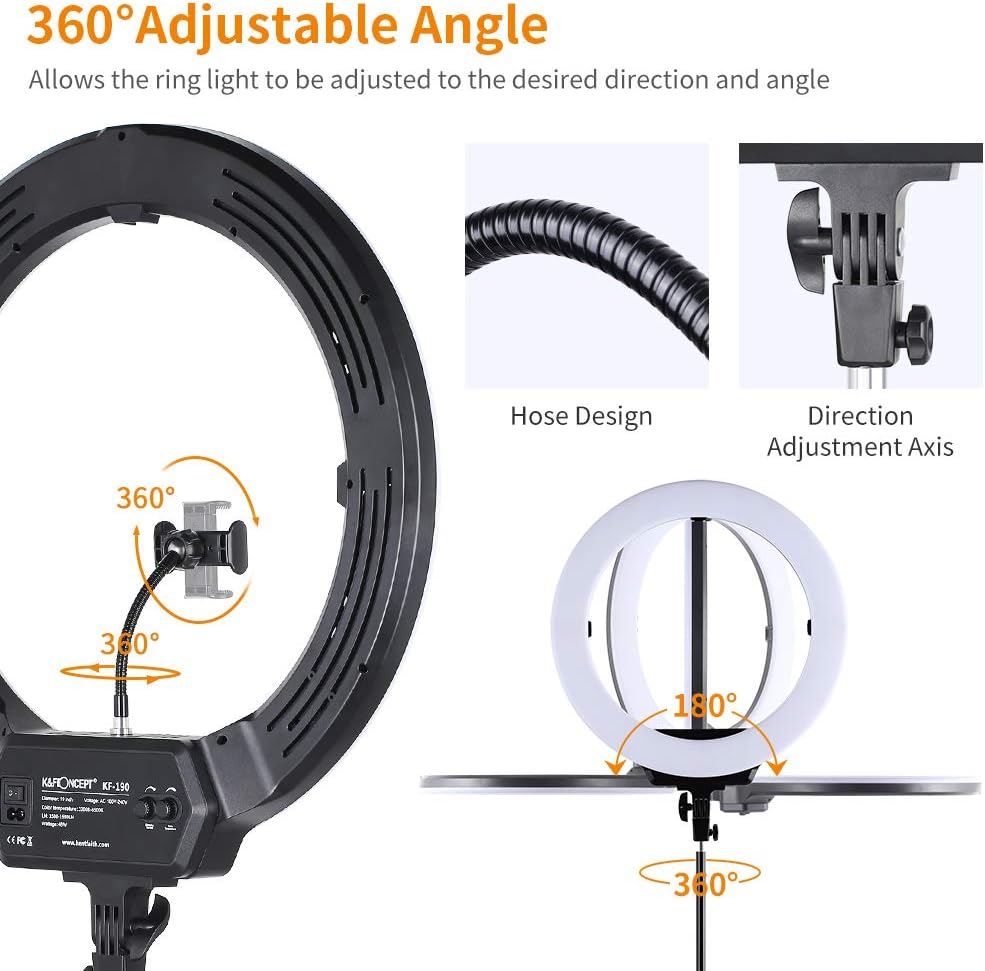 18-inch LED Ring Light By K&F Concept with 3 Cold Shoe Interfaces for Phones, Microphones and Power Bank, 2.37M Tripod Stand, Bi-color 3200-6500K Dimmable with Bluetooth Receiver for TikTok YouTube Video