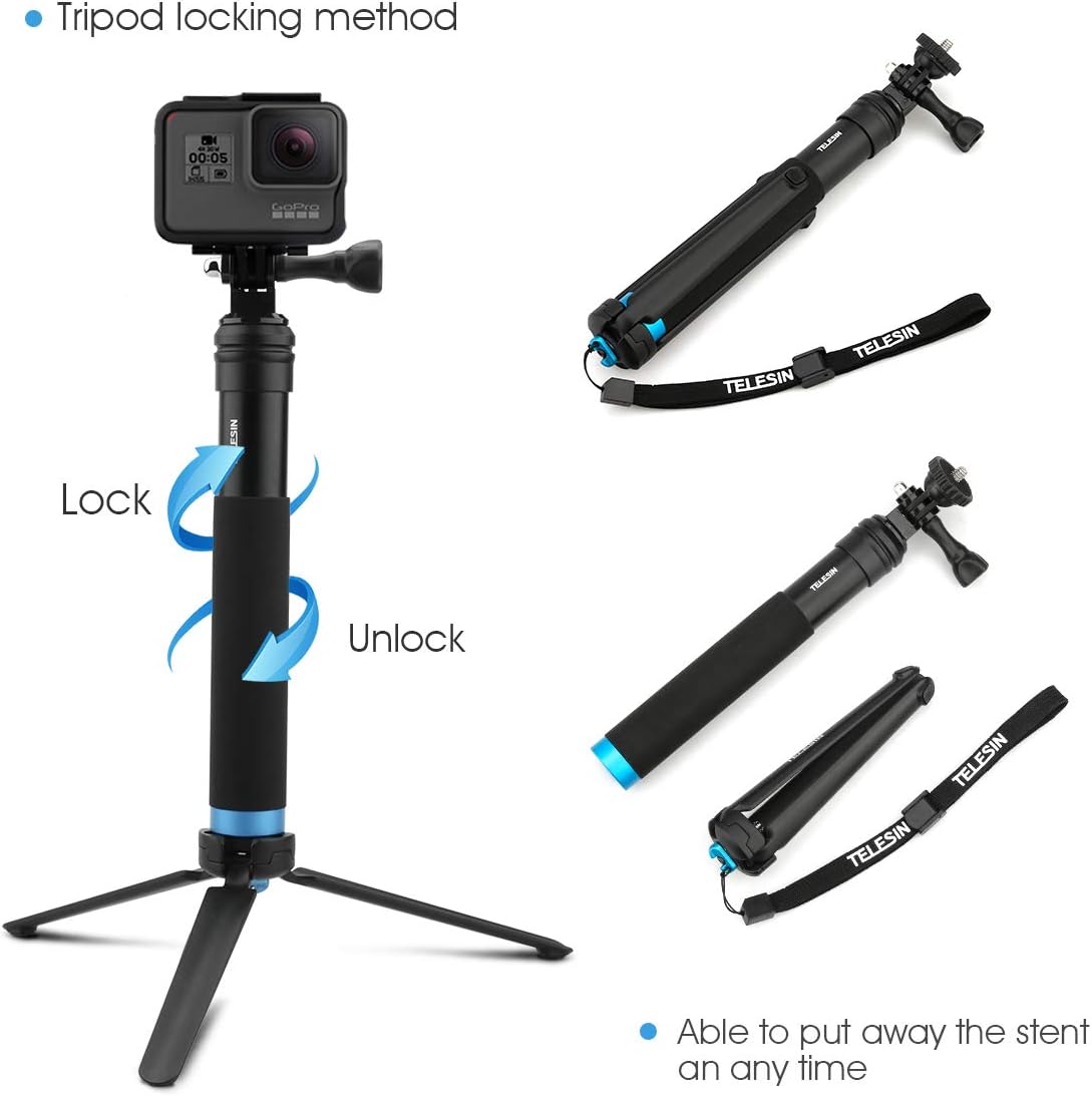 Selfie Stick Tripod for GoPro, Waterproof Aluminum Alloy Pole, Lightweight Adjustable Monopod with Rotating Clip and Tripod Stand for for GoPro 12/11/10/9/8/7/6, DJI Osmo Action Camera,phone