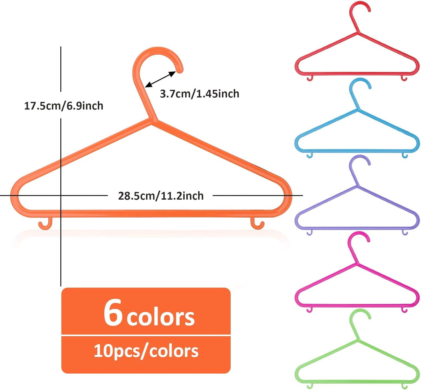 ilauke 60 Pack Plastic Childrens Clothes Hangers Colourful Plastic Coat Hangers for Kids Clothes with Skirt Trouser Bar (28.5cm x 17.5cm)