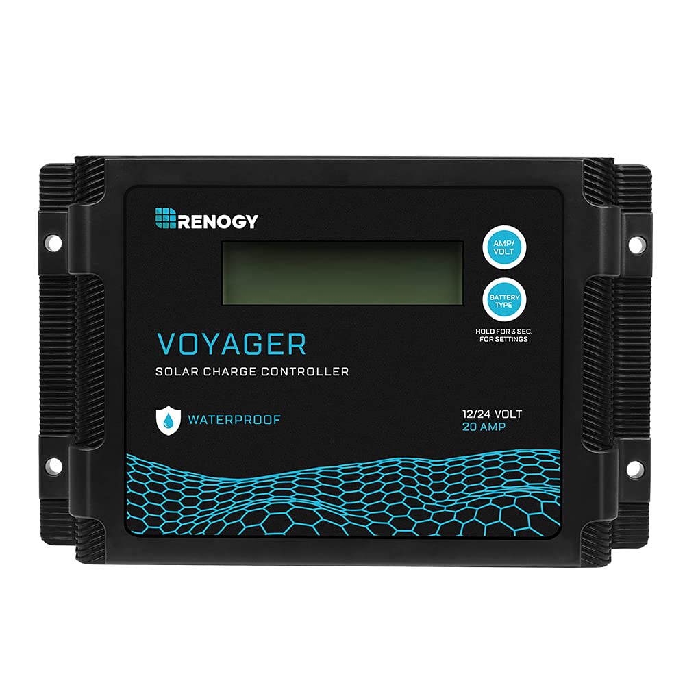 Renogy Voyager Waterproof 20Amp PWM Solar Charge Controller Regulator with LCD and IP67 rating for 12V and 24V solar system, Compatible with Sealed/AGM, Gel, Flooded, and Lithium batteries