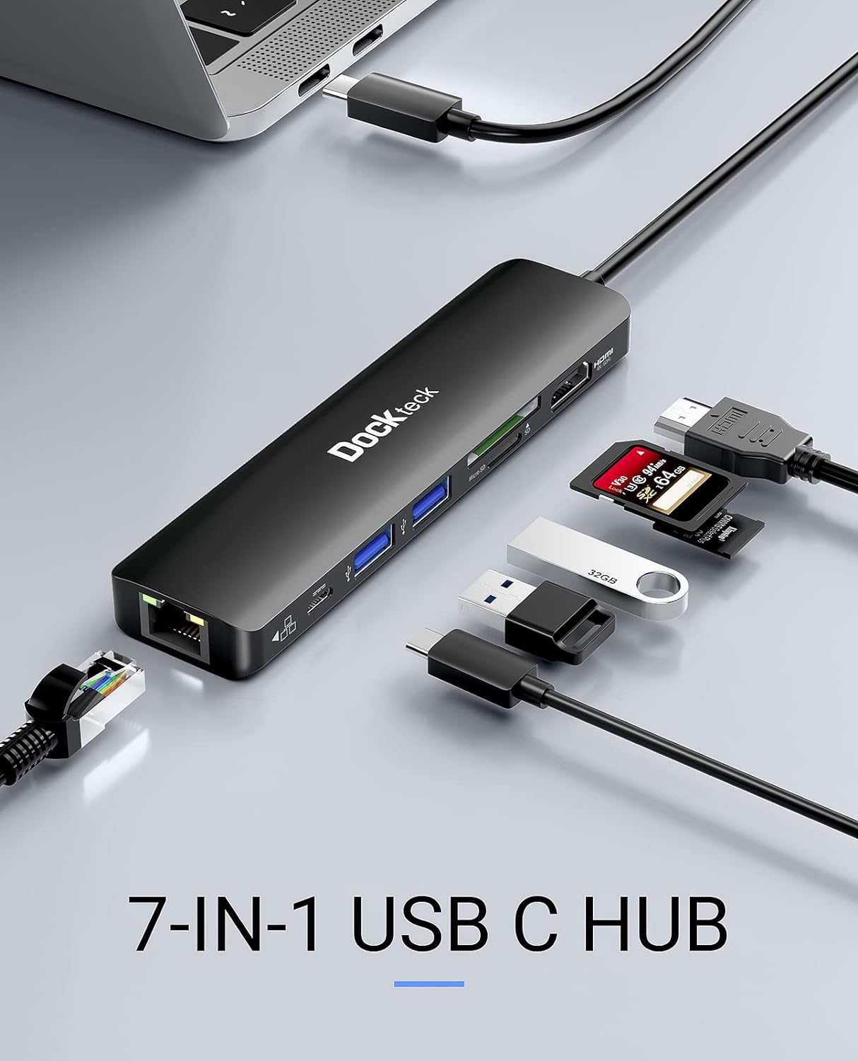 USB C Hub Ethernet Adapter, Dockteck 7 in 1 Docking Station, USB-C Adapter with HDMI 4K 60Hz, LAN RJ45, 100W PD, SD/Micro SD, 2 USB 3.0, for Steam Deck, MacBook/iPad, Surface Pro 7