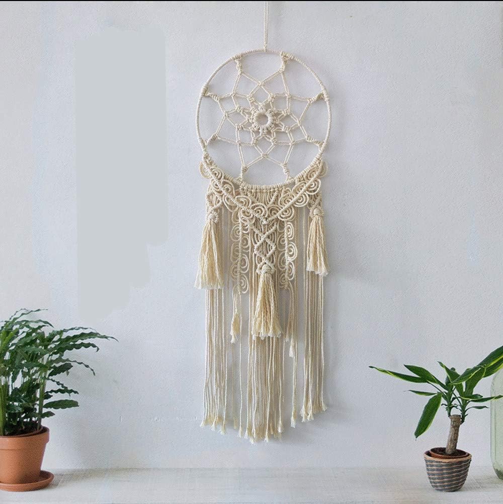 GLITZFAS Tassel Dream Catcher Woven Macrame Wall Hanging Cotton Macrame String Wooden Pole for Living Room Art Decoration (B)