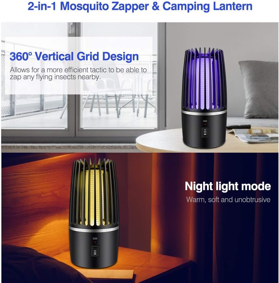 Thehomeuse Mosquito Repellent, Electric Mosquito Killer Lamp USB Rechargeable Insect Fly Trap 2in1 Night Light Indoor Outdoor Powerful Attractive for Garden Patio Camping Black030232