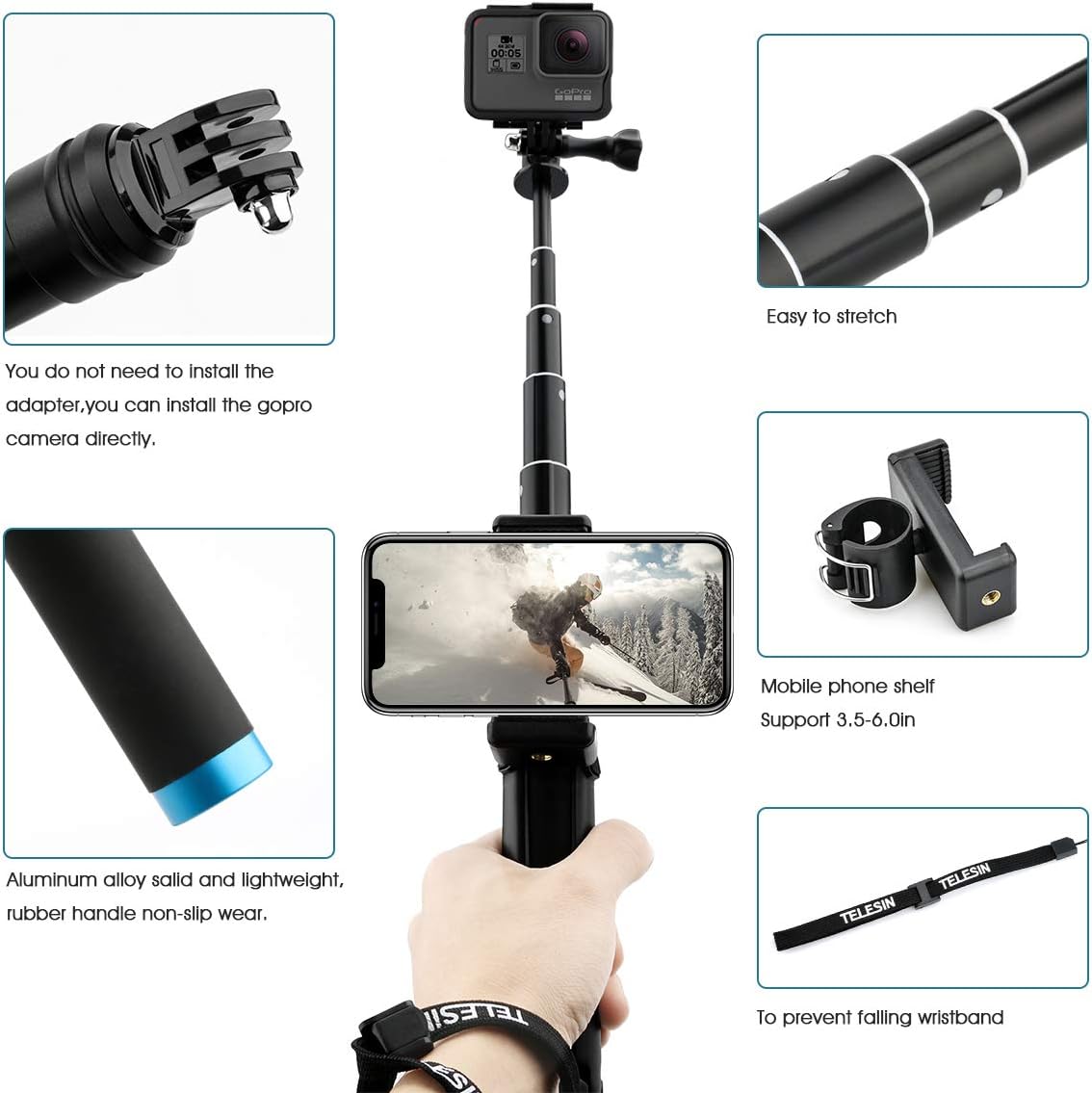 Selfie Stick Tripod for GoPro, Waterproof Aluminum Alloy Pole, Lightweight Adjustable Monopod with Rotating Clip and Tripod Stand for for GoPro 12/11/10/9/8/7/6, DJI Osmo Action Camera,phone