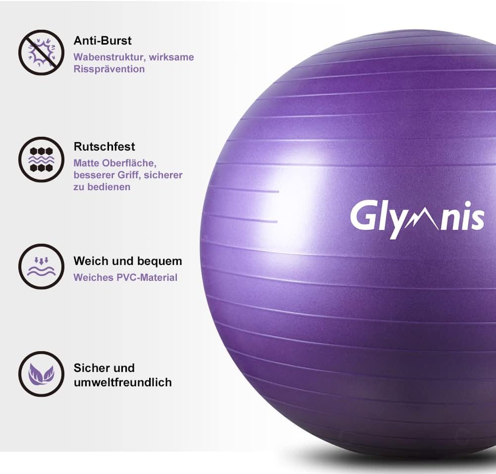 Exercise Ball, Glymnis Gymnastic Ball Seat Ball 55 cm, Thick Pilates Ball with Air Pump Robust 300 kg Maximum Load for Home Gym Office