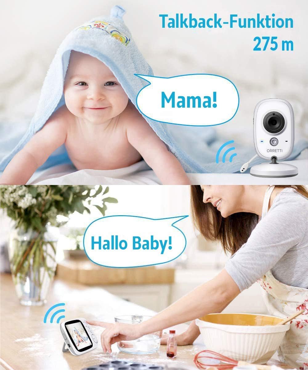 Orretti V8 Baby Monitor with Camera and Extra Battery - Night Vision Two Way Talk VOX Mode Temperature Sensor Lullabies 3.2 inch LCD Screen Smart Video Monitor for Baby/Elder/Pet with UK-Plug