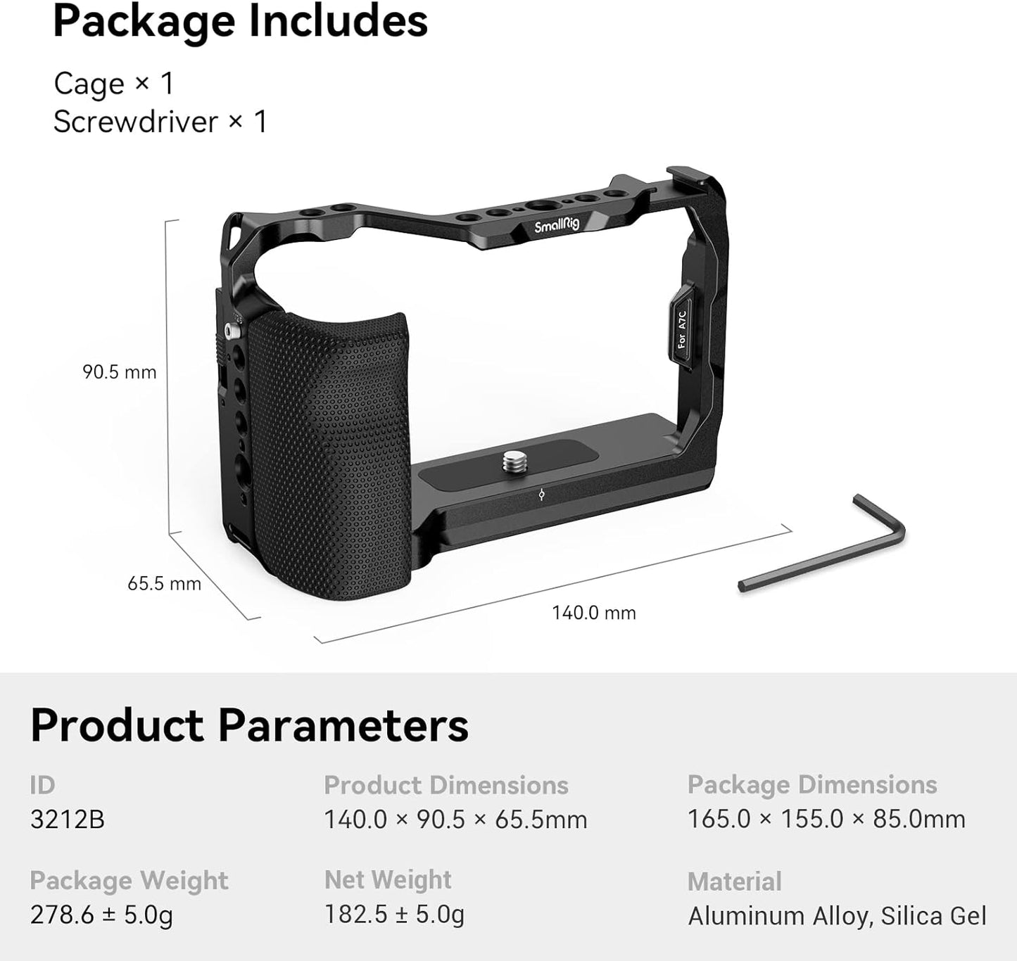 SmallRig Full Cage with Silicone Side Handle for Sony A7C, Comes with Locating Holes for ARRI, Quick Release Plate for Arca and Cold Shoe Mount - 3212B