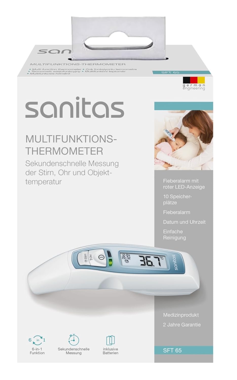 Sanitas 6-in-1 Multifunctional Thermometer SFT 65 Digital Forehead Ear Object Date Time Fibre Alarm