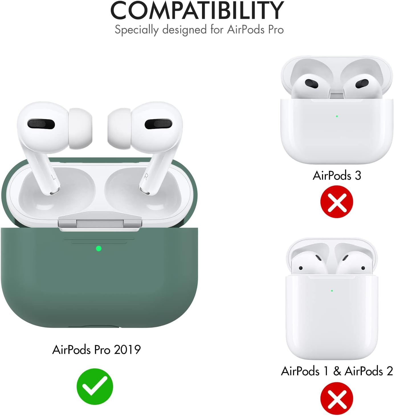 Silicone Case By AHASTYLE for Airpods Pro Protective Cover and Skin Case for AirPods Pro [Front LED Visible] [Wireless Charging] Compatible with Airpods Pro 2019 (Without Carabiner, Pine Green)