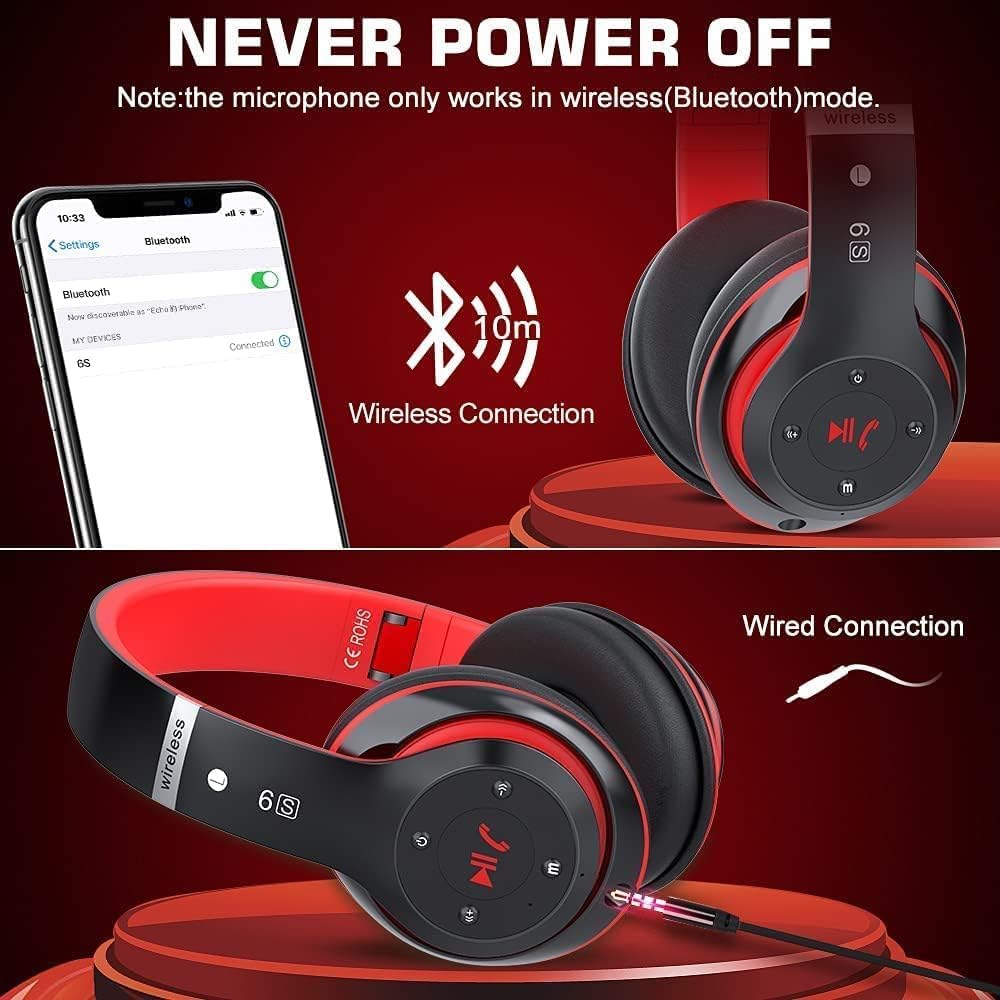 6S Bluetooth Headphones Over-Ear, Hi-Fi Stereo Foldable Wireless Stereo Headsets Earbuds with Built-in Mic, Volume Control, FM for iPhone/Samsung/iPad/PC (Black & Red)