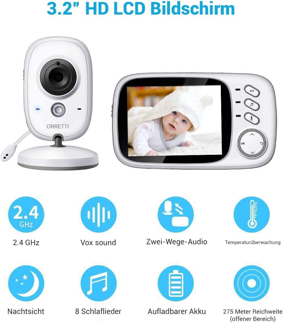 Orretti V8 Baby Monitor with Camera and Extra Battery - Night Vision Two Way Talk VOX Mode Temperature Sensor Lullabies 3.2 inch LCD Screen Smart Video Monitor for Baby/Elder/Pet with UK-Plug