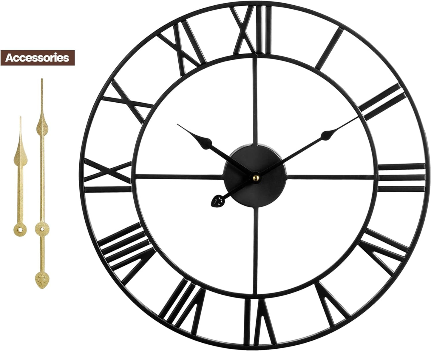 Large Wall Clock Metal Retro Roman Numeral Clock, Modern Round Wall Clocks Almost Silent, Easy to Read for Living Room/Home/Kitchen/Bedroom/Office/School Decor (Black, 24 Inch)