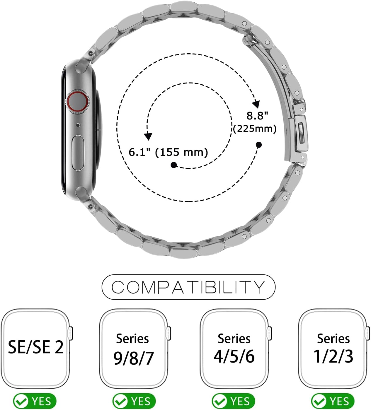 Watch Band By Tasikar Compatible with Apple Watch Band 38mm Premium Stainless Steel Metal Replacement Strap Compatible with Apple Watch Series 9 8 7 6 5 4 3 2 1 SE (Silver)