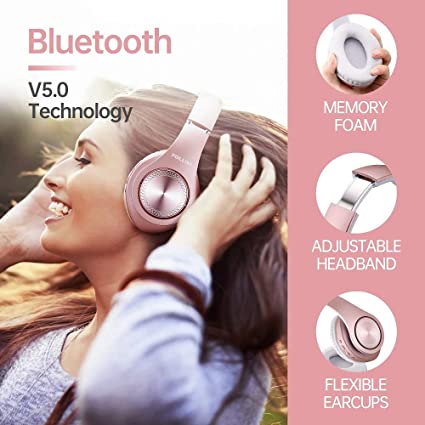 Bluetooth Headphones Wireless by Pollini 40H Playtime Foldable Over Ear Headphones with Microphone, Deep Bass Stereo Headset with Soft Memory-Protein Earmuffs for iPhone/Android Cell Phone/PC(Rose Gold)