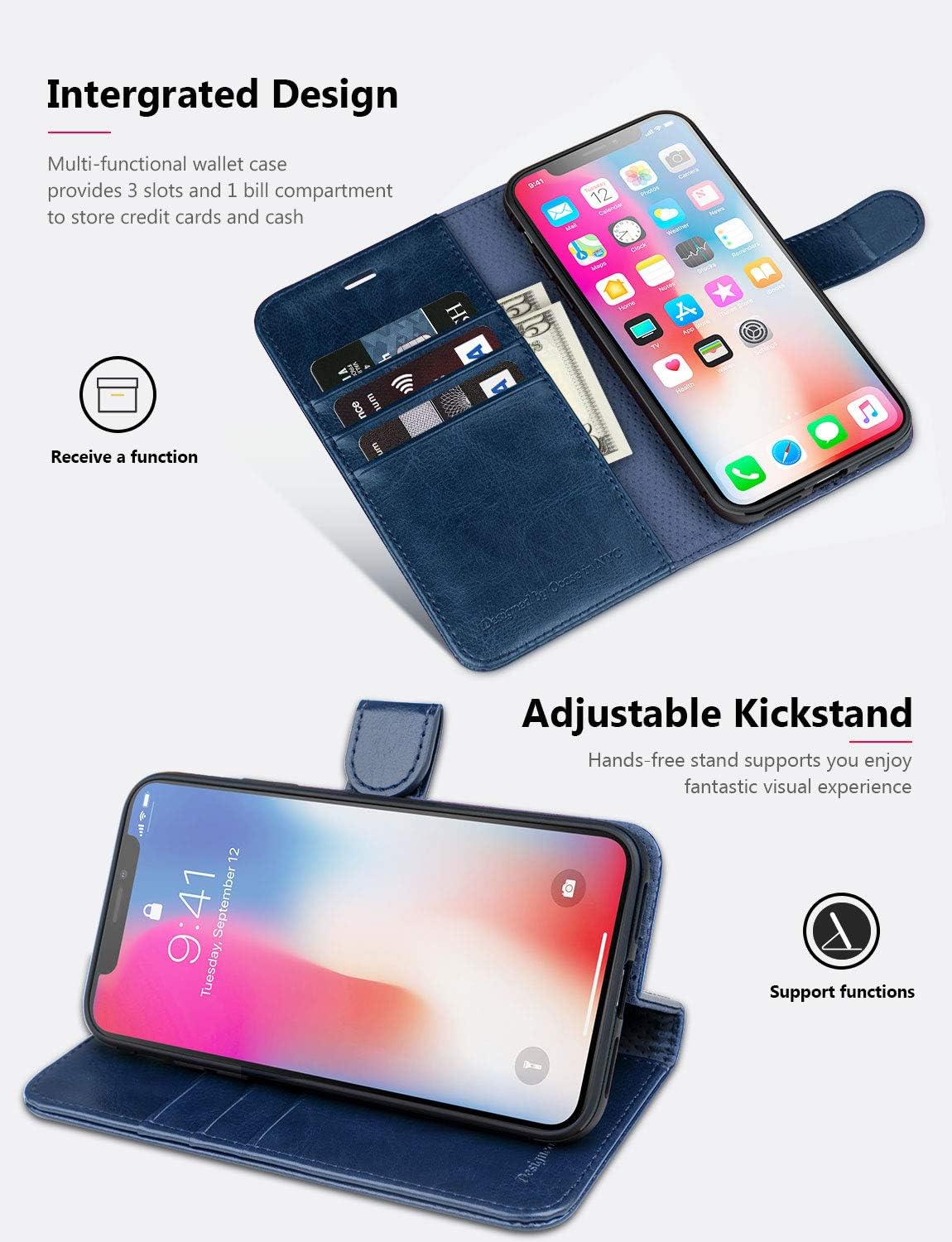 iPhone X Case By OCASE, iPhone XS Case iPhone 10 Case Premium PU Leather Flip Wallet Case [TPU Inner Shell][Kickstand][Card Holder] For iPhone X/XS,Blue