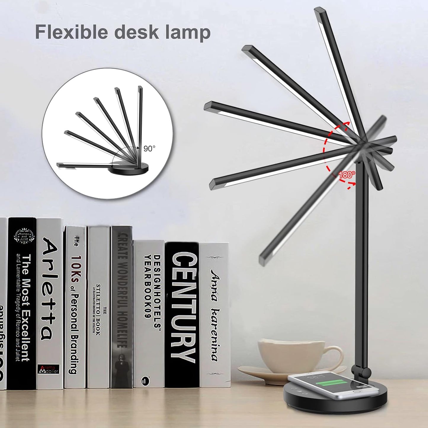 Desk Lamp LED Adjustable Brightness, Lamp with Charging Function, USB, Touch Control, Lamp with Timer, 5 Colours and 10 Brightness Levels, Dimmable, with Energy Saving (Black Round)