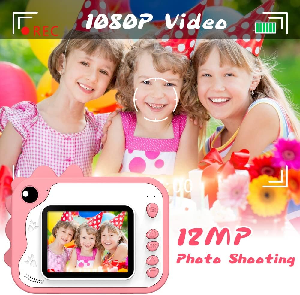 Instant Print Camera for Kids 12MP Digital Camera for Kids Aged 3-12 Ink Free Printing Video Camera for Kids 1080P 2.4 Inch Screen with 32GB SD Card,Color Pens,Print Papers (Pink)