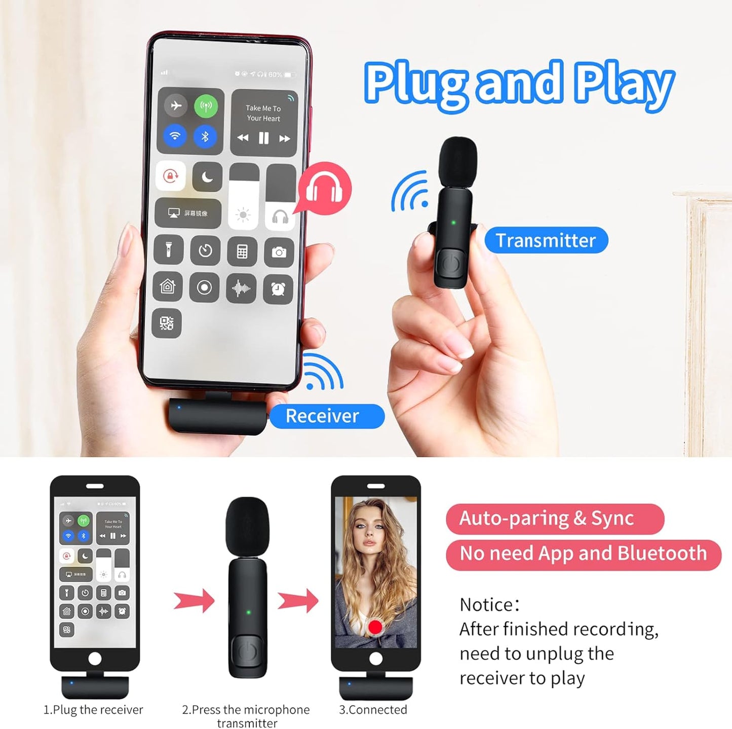 Mini Lavalier Microphone, Plug Play Wireless Type-C Microphone with Charging Bag, 2.4 GHz Lapel Microphone Wireless Microphone for Mobile Phone, PC, Vlogging, TikTok, YouTube, Facebook, Live Stream (No App or Bluetooth)