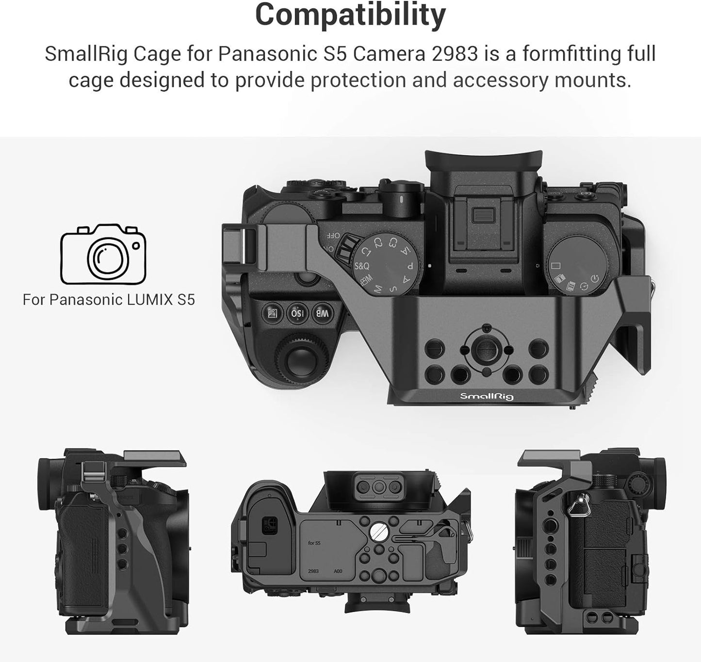 SmallRig S5 Cage Kit for Panasonic LUMIX S5 Camera, Aluminum Alloy Camera Cage with NATO Rail and Cold Shoe Mount for Microphone and Light 2983