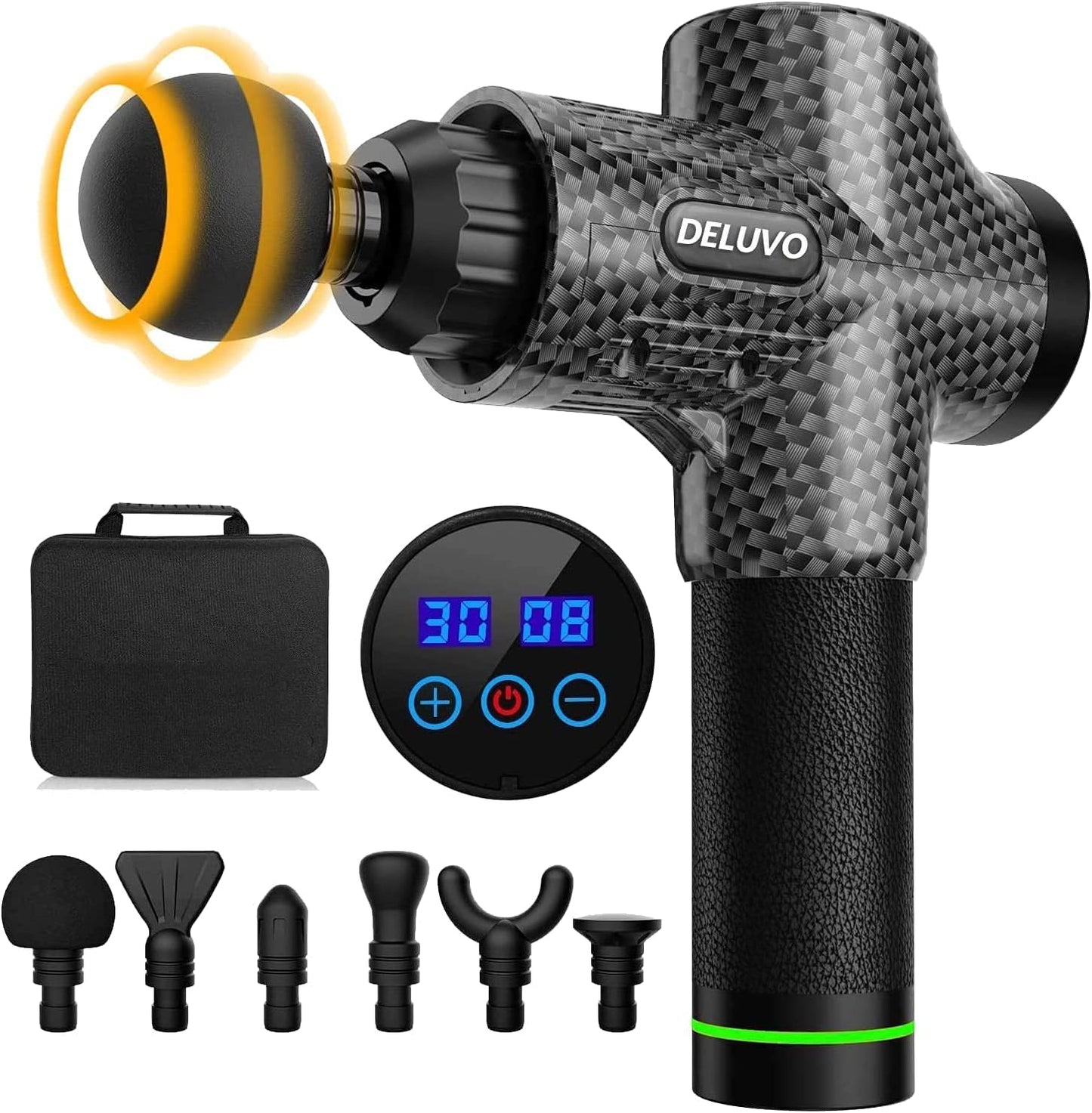 DELUVO Massage Gun with 30 Speeds and 6 Massage Heads in Hard Case Electric Massager with LCD Touch Screen Massage Gun Extra Quiet Only 35 dB Massage Gun in Carbon Fibre Design