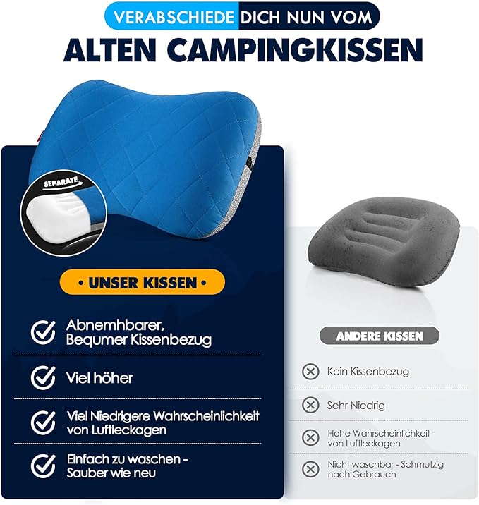 Inflatable Camping Travel Pillow By Hikenture with removable cushion cover, ergonomic pillow, comfortable neck pillow for travel/outdoor, inflatable travel neck pillow, blue/black/grey