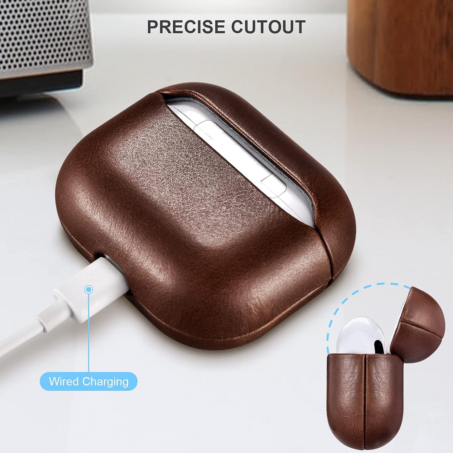 Leather Case for AirPods 3 by ICARERSPACE Premium Genuine Leather Shockproof Protective Case for Apple AirPods 3 Headphones Charging Case (LED Visible) Supports Wireless Charger Brown