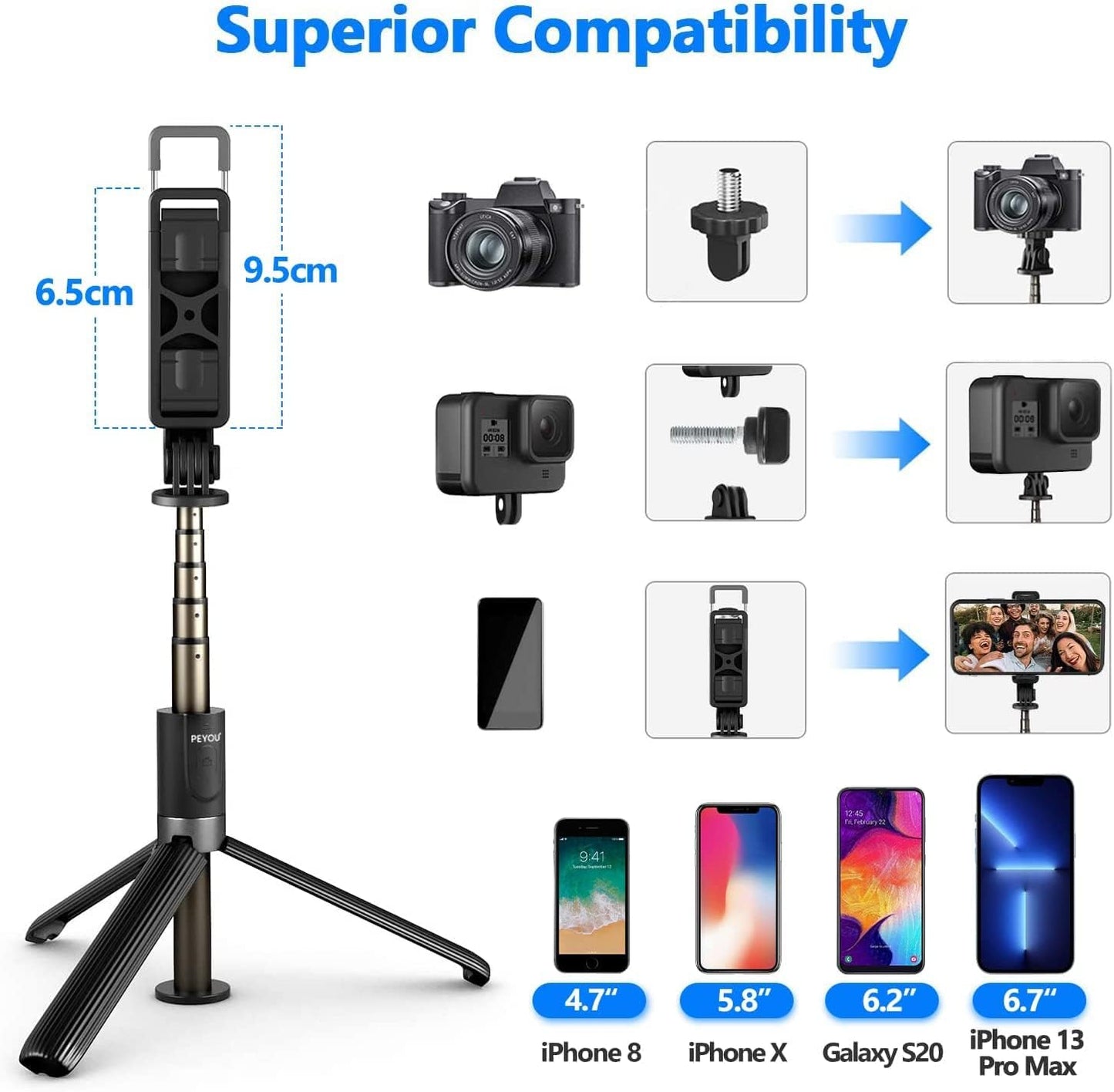 Selfie Stick Tripod by PEYOU, 4 in-1 Aluminum Extendable Selfie Stick Tripod with Remote, Portable Tripod for Cell Phone, Lightweight Phone Tripod Compatible with GoPro, Smartphone, Small Camera