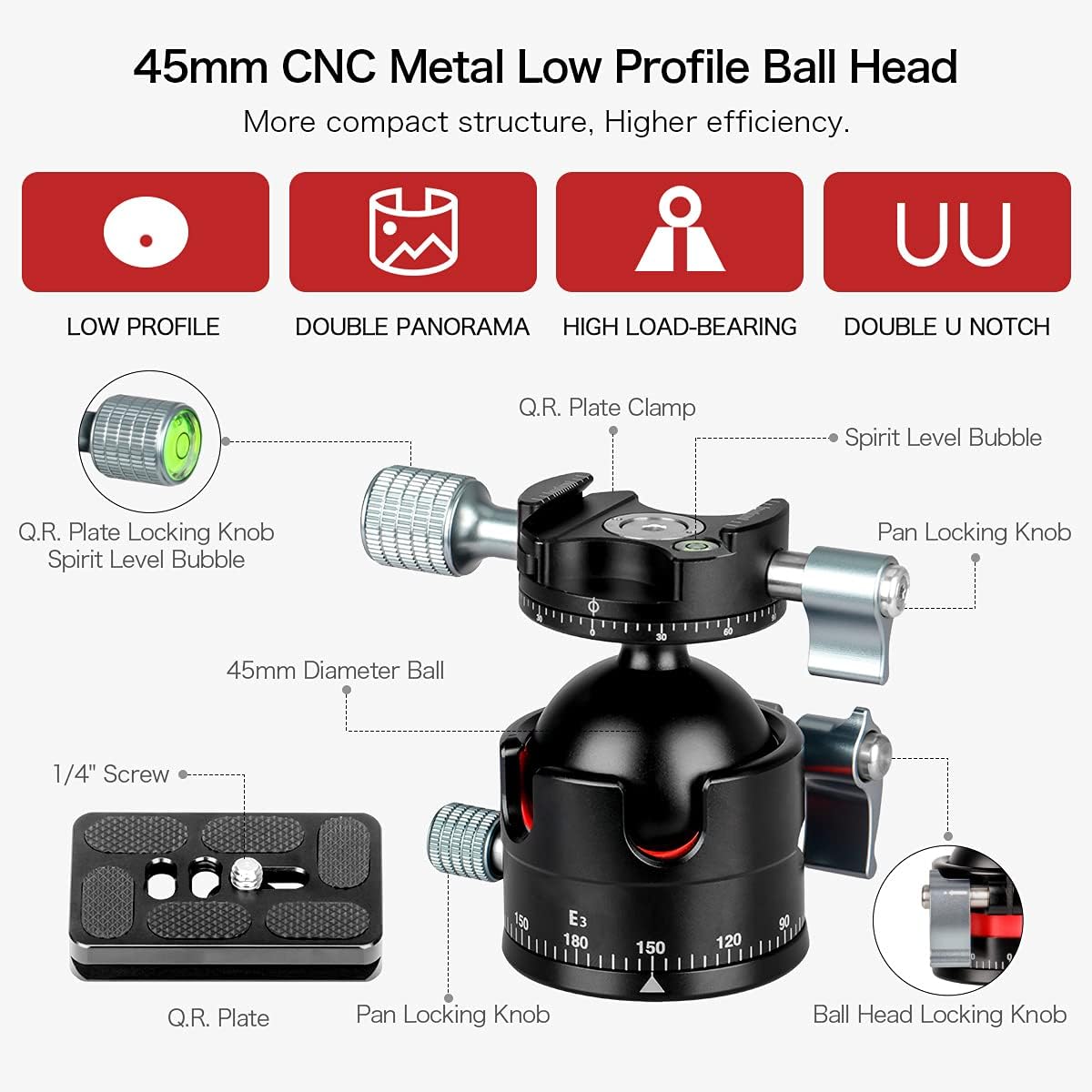 Panorama Ball Head, F45 mm Ball Diameter Double Panorama Tripod Head 360° Rotatable with 1/4" Screw Quick Release Plate for Tripod, DSLR, Camcorder, Max. Load 20kg - E3H2