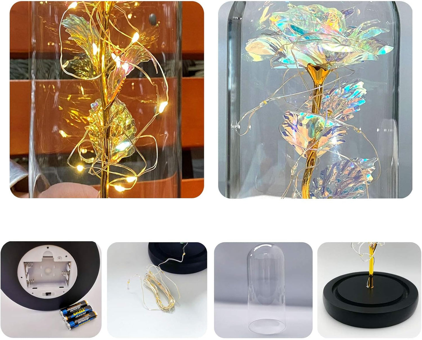 Artificial Rose Immortal Flowers Colourful Golden with Glass Dome and LED String Birthday Wedding Anniversary Romantic Gift for Lovers Parents Friends