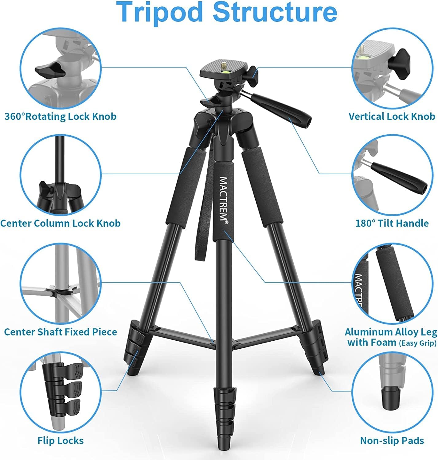 Mactrem 65 Inch Tripod Stand for iPad iPhone Camera with Wireless Remote Control, for Travel/Youtube/Video/Selfie/TikTok