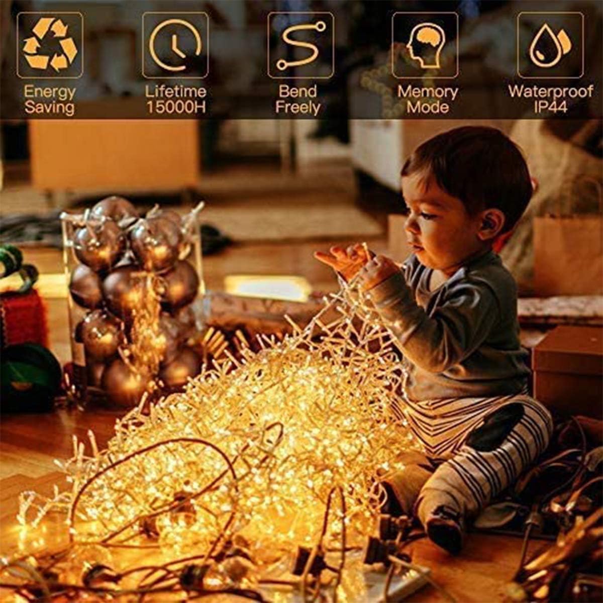 GlobaLink Light Garland, 500LED 100M Christmas Light Garland 8 Indoor and Outdoor Lighting Modes Waterproof in Low IP44, Decoration for home, Christmas party, wedding and party etc. [Energy Class A]