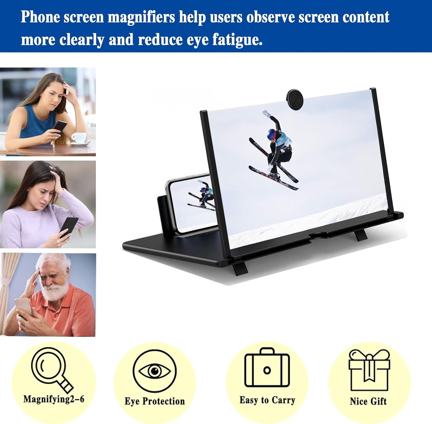 MINGCHUANGWEILI Magnification Lens for 12 inch mobile phone The high definition 3D screen magnification lens is compatible with all smartphones.