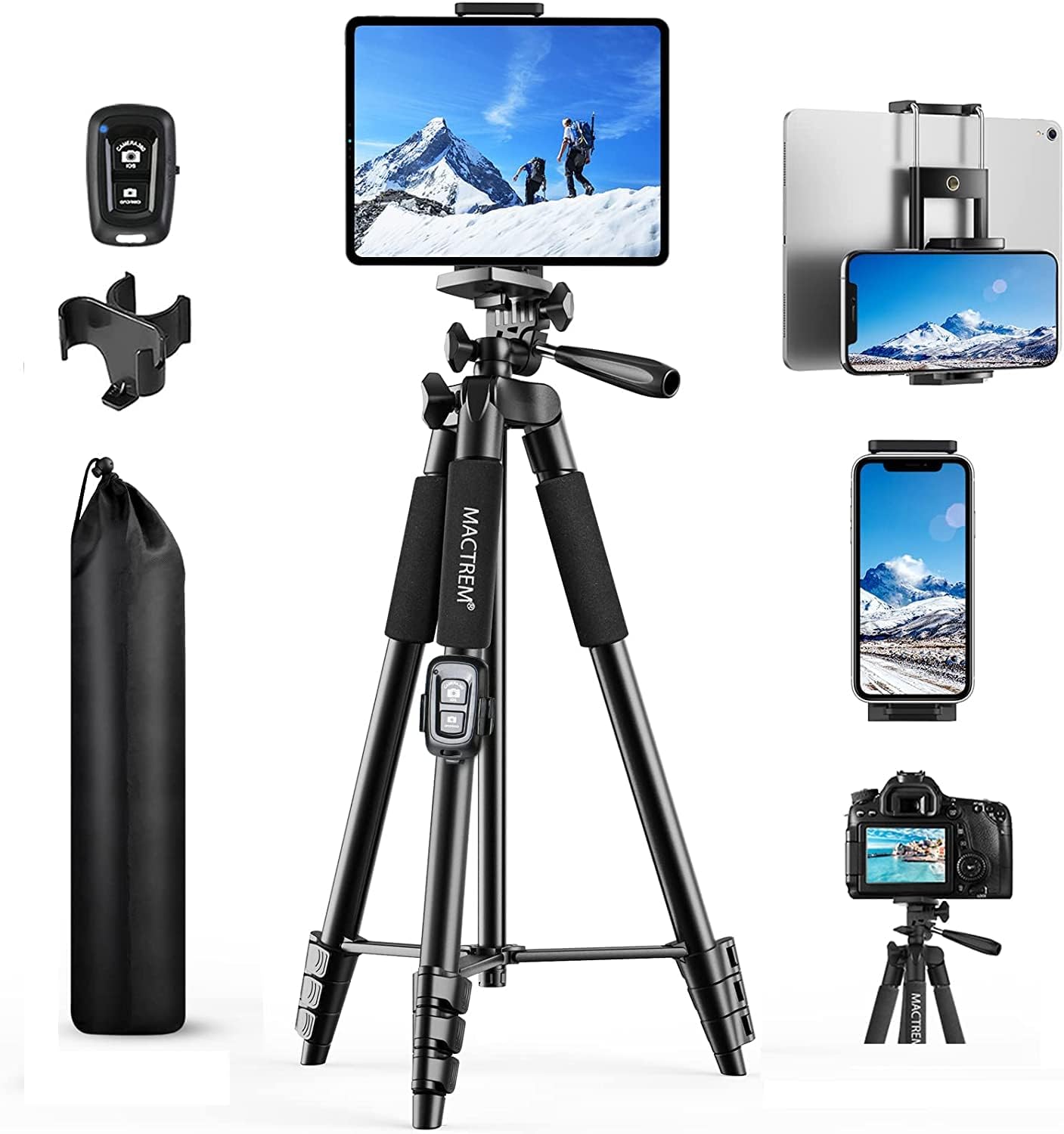 Mactrem 65 Inch Tripod Stand for iPad iPhone Camera with Wireless Remote Control, for Travel/Youtube/Video/Selfie/TikTok