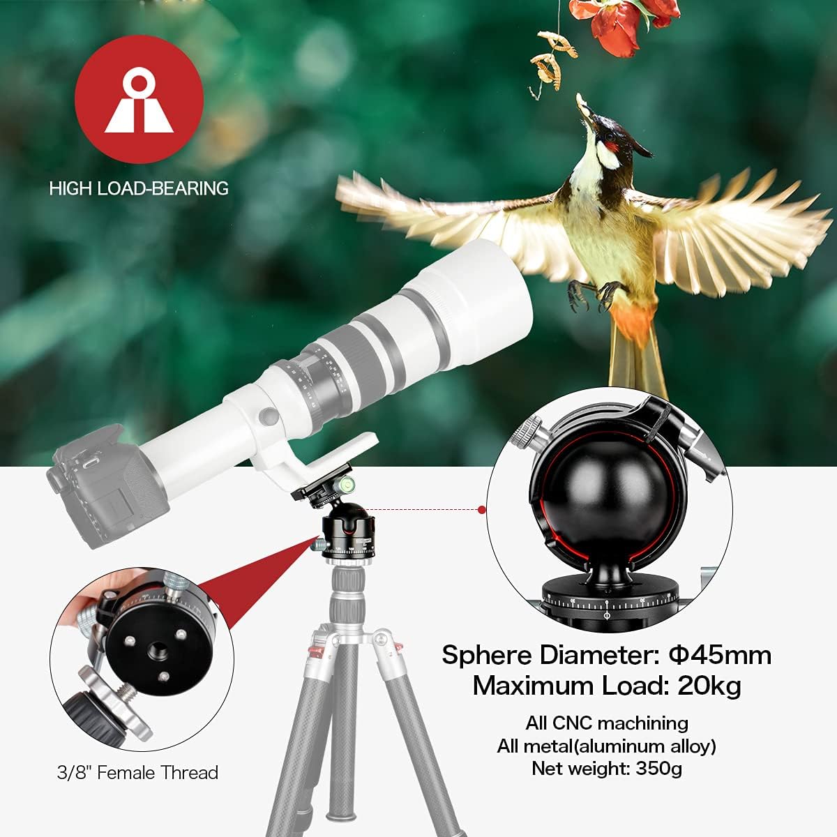 Panorama Ball Head, F45 mm Ball Diameter Double Panorama Tripod Head 360° Rotatable with 1/4" Screw Quick Release Plate for Tripod, DSLR, Camcorder, Max. Load 20kg - E3H2