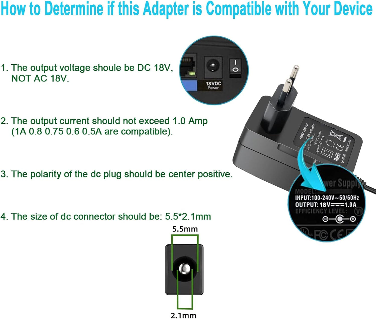 Power Supply Adapter 18V 1A DC, 100V-240V EU Plug 18W Charger for 18 Volt 0.1A 0.15A 0.2A 0.25A 0.3A 0.4A 0.5A 0.6A 0.7A 0.8A 0.9A 100mA~1000mA