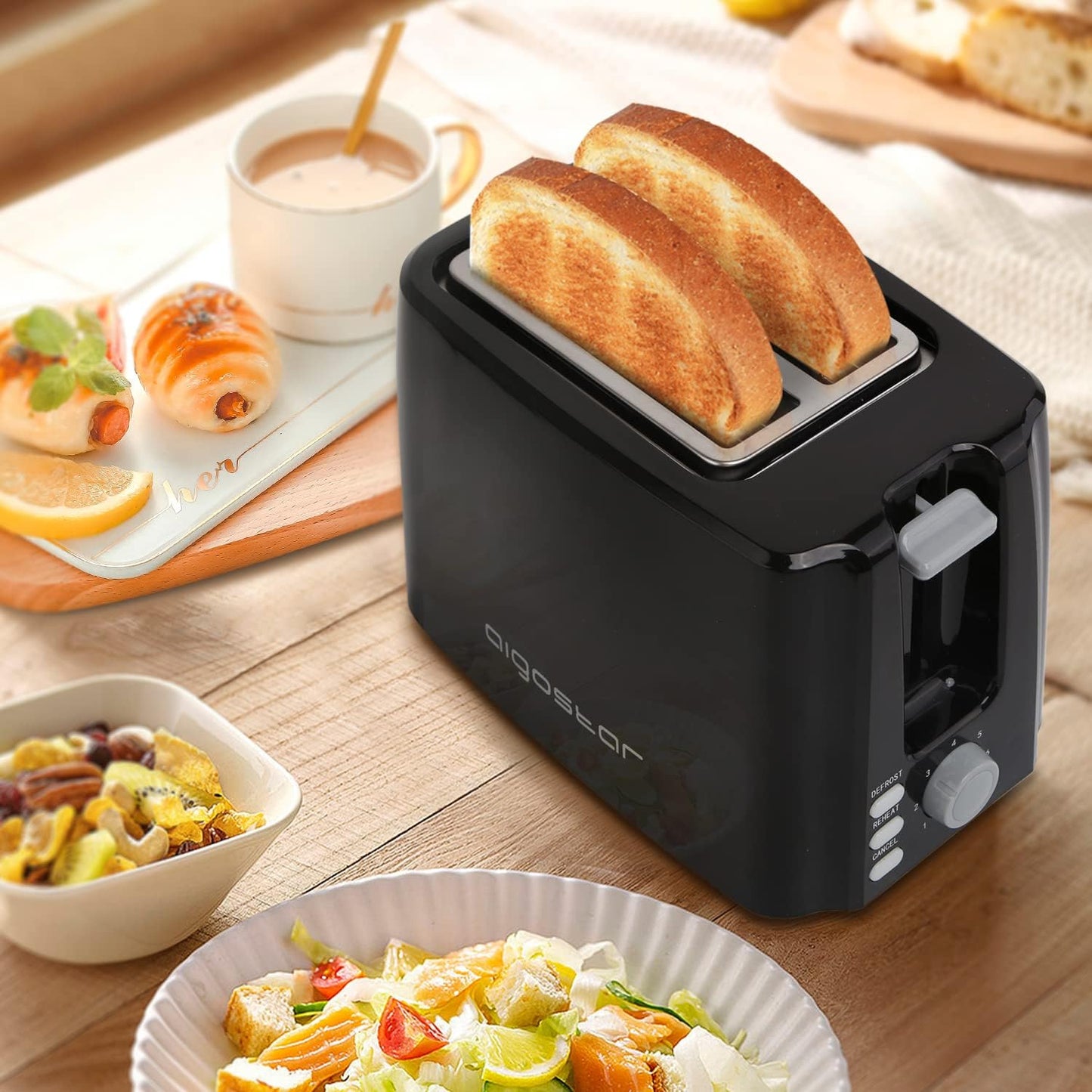 2-Slice Toaster by Aigostar, 750W, 7 Variable Browning Settings, Defrost, Reheat and Cancel Functions, Auto Shut-Off, Black, BPA Free - Warrior 30KHK