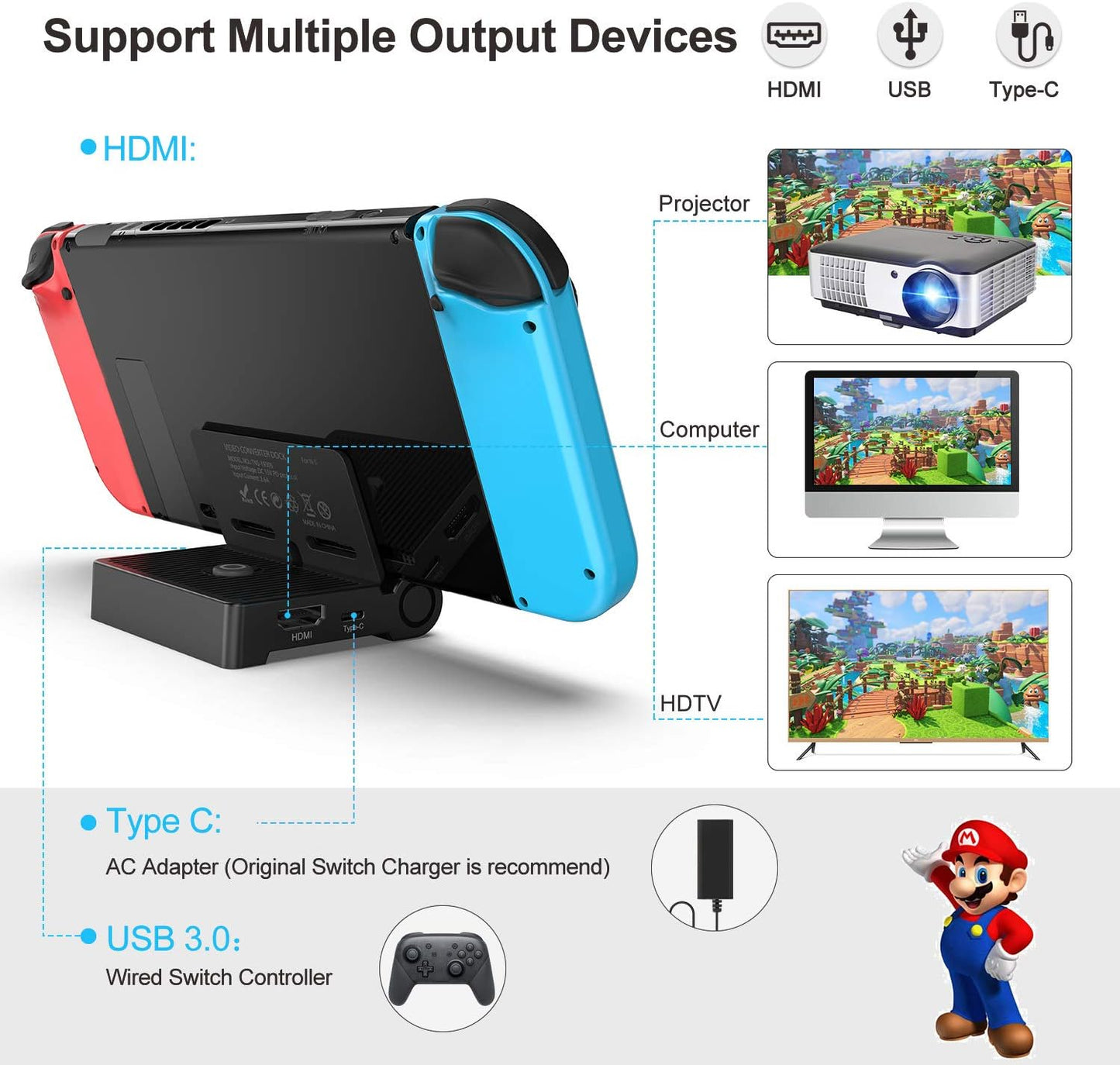 Switch TV Dock for NS Switch/Switch OLED, innoAura Switch Docking Station with Foldable and Portable Design, HDMI, Type-C and USB 3.0 Port