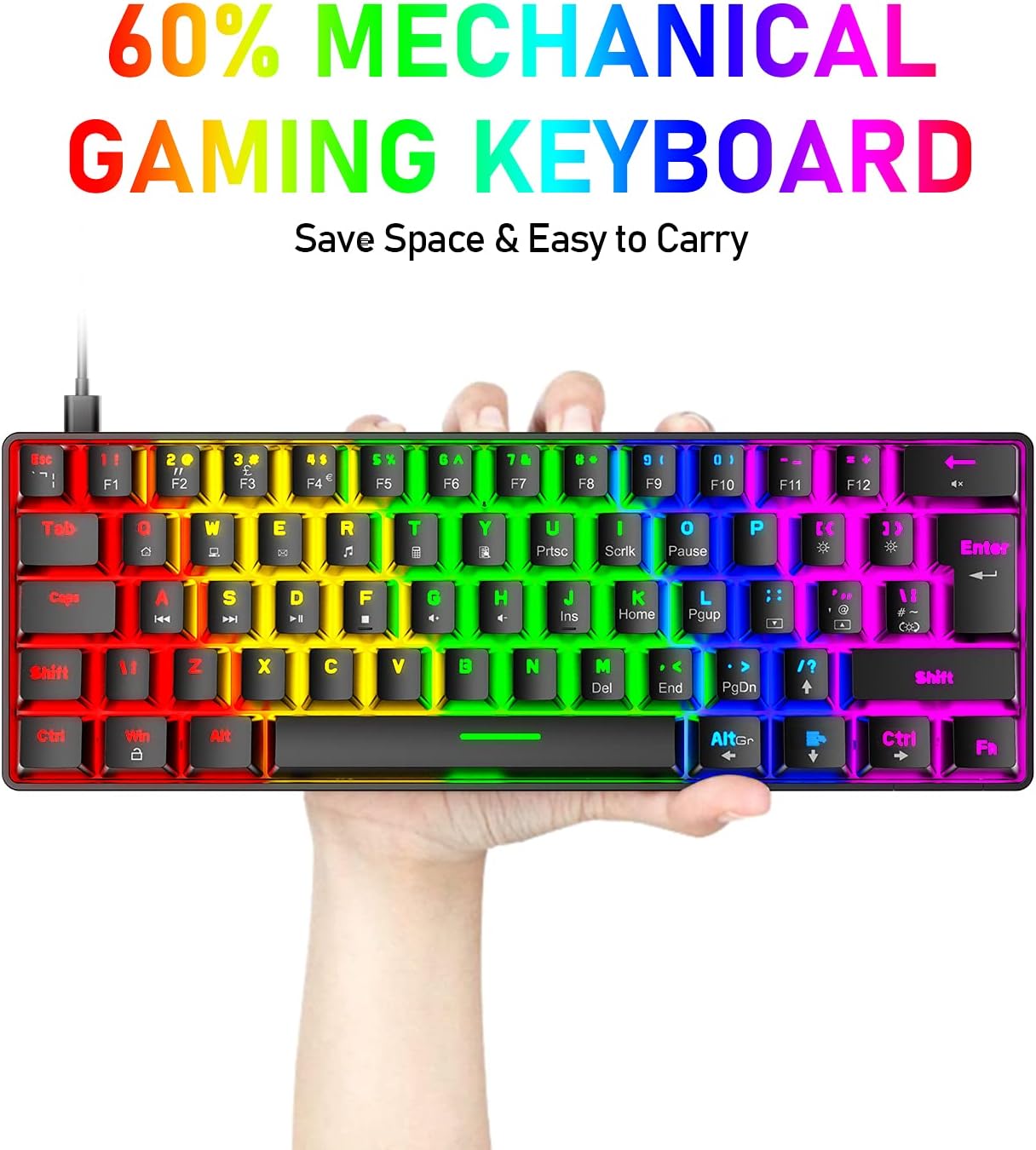 Keyboard, 60% Wired Mechanical Gaming Keyboard and Mouse Combo,Ultra-Compact Mini 62 Keys,Type C Chroma 20 Rainbow Backlit Effects,RGB Backlit 6400 DPI Lightweight Gaming Mouse with Honeycomb Shell for PC/Mac