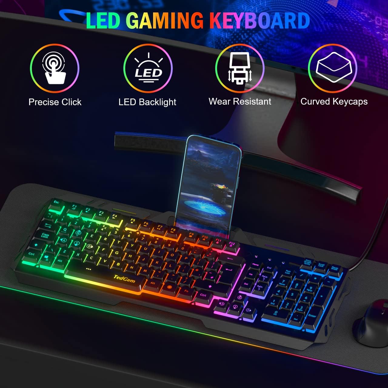 Gaming Keyboard by TedGem, Gaming Keyboards USB Wired Keyboard LED Backlit Keyboard, Keyboard Gaming with 12 Multimedia Shortcut Keys 19-Key Anti-Ghosting for PC/Computer/Laptop Gamer