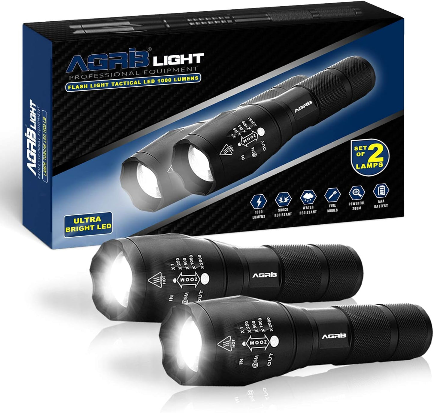 LED Flashlight By AGRIB Ultra Powerful 1000 Lumens [2 Pack] Flashlight - Long Range Zoom, 5 Modes, Anti-Shock and Waterproof - Tactical Flashlight for DIY and Extreme Conditions - Free Cases